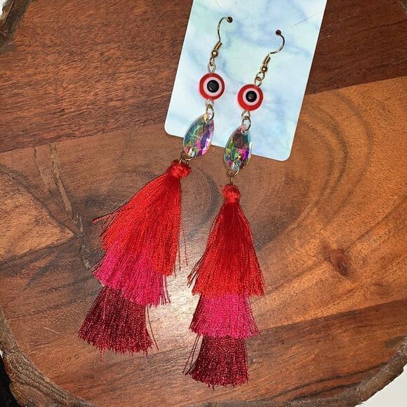 Red Evil Eye Tassel Fringe Statement Earrings - Picture 4 of 6